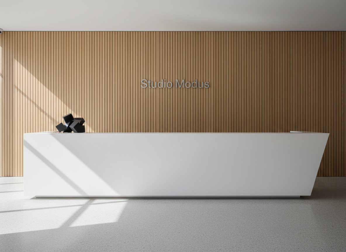 A minimalist architecture studio reception interior with a long, matte white concrete desk as the primary subject, its sharp edges contrasting with a backdrop of vertical light oak slats and a discrete logo reading “Studio Modus” in brushed metal. The space is clean and uncluttered, with a single black architectural model placed precisely on the counter. Soft daylight enters from an unseen full-height window, creating gentle linear shadows across the polished light-gray terrazzo floor. Photographic realism with a clean, modern aesthetic, captured at eye level with a wide lens, maintaining sharp focus throughout. The atmosphere is professional, calm, and refined, emphasizing precision, balance, and contemporary architectural sophistication.