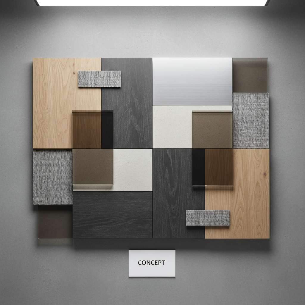 A curated collection of material samples laid out on a large, smooth concrete surface, showcasing the design language of Studio Modus. Large rectangular swatches of pale oak, charcoal-stained timber, honed limestone, and brushed aluminum are carefully aligned, intersected by smaller pieces of smoked glass and textured fabric in muted grays. A single white index card labeled “Concept” in precise black lettering anchors the composition. Soft, indirect studio lighting from above creates even illumination with gentle, tactile shadows at the edges of each sample. Photographic realism, shot from a top-down, bird’s eye perspective with sharp focus and a minimalist aesthetic. The mood is analytical yet creative, emphasizing materiality, precision, and the understated elegance of contemporary architectural design thinking.