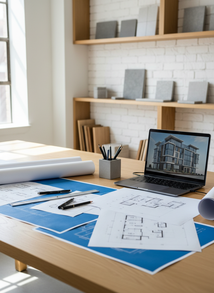 A sleek workspace showcasing an architect’s active project: a large, rolled-out set of blueprints and crisp white plans spread across a pale oak table, accompanied by a metal scale ruler, graphite mechanical pencils, and a minimalist concrete pen holder. A matte black laptop displays a rendered 3D building façade with clean, modern lines on its screen. The setting is a bright, organized studio with exposed white brick and open shelving filled with neatly stacked material samples—concrete, stone, and timber—softly blurred in the background. Natural midday light from a nearby window floods the space, creating clean highlights and subtle shadows. Photographic realism, captured from a slightly elevated angle using the rule of thirds, creating a focused, professional, and forward-thinking atmosphere ideal for a services or process page.