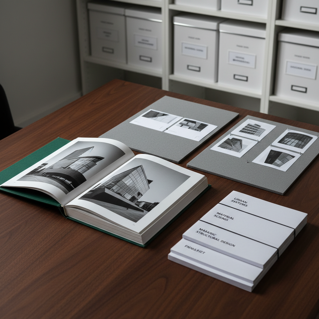 A sophisticated blog header image featuring an open, cloth-bound architecture book displaying full-bleed photographs of modern buildings, resting on a dark, finely grained walnut table. Beside it lie a pair of matte gray foam-core boards with attached façade studies and a small stack of neatly bound specification documents with clean typographic covers. In the background, slightly out of focus, a row of white storage boxes with precise labels lines a built-in shelf within a quiet studio environment. Soft afternoon light enters from the side, creating a gentle gradient of brightness across the spread pages and highlighting paper textures. Photographic realism with a calm, editorial composition from a three-quarter overhead angle. The mood is thoughtful, informed, and scholarly, ideal for architectural articles and reflections.