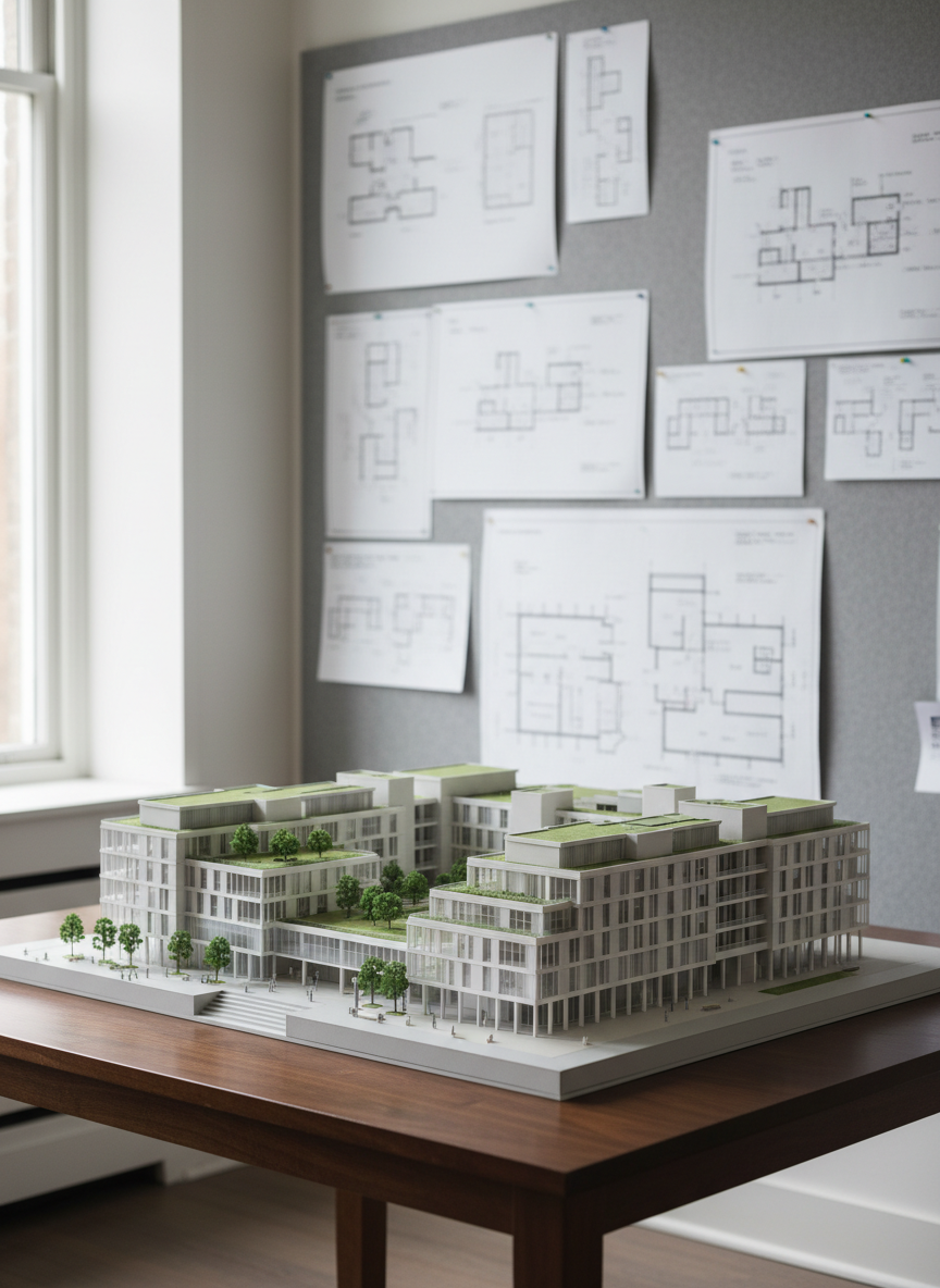 A meticulously detailed architectural model of a mixed-use building in matte white and light gray materials, displayed on a dark walnut table in a quiet studio. The model shows terraced green roofs, slender structural columns, and glass curtain walls, with miniature trees and courtyards adding texture. Large-format technical drawings and floor plans are pinned neatly on a soft gray pinboard wall behind it. Diffused overcast daylight from a high side window softly illuminates the model, casting crisp but gentle shadows that reveal depth. Photographic realism with a professional, editorial feel, shot from a slightly elevated three-quarter angle with shallow depth of field, keeping the model in sharp focus while the background becomes subtly blurred, conveying precision, creativity, and thoughtful urban design.