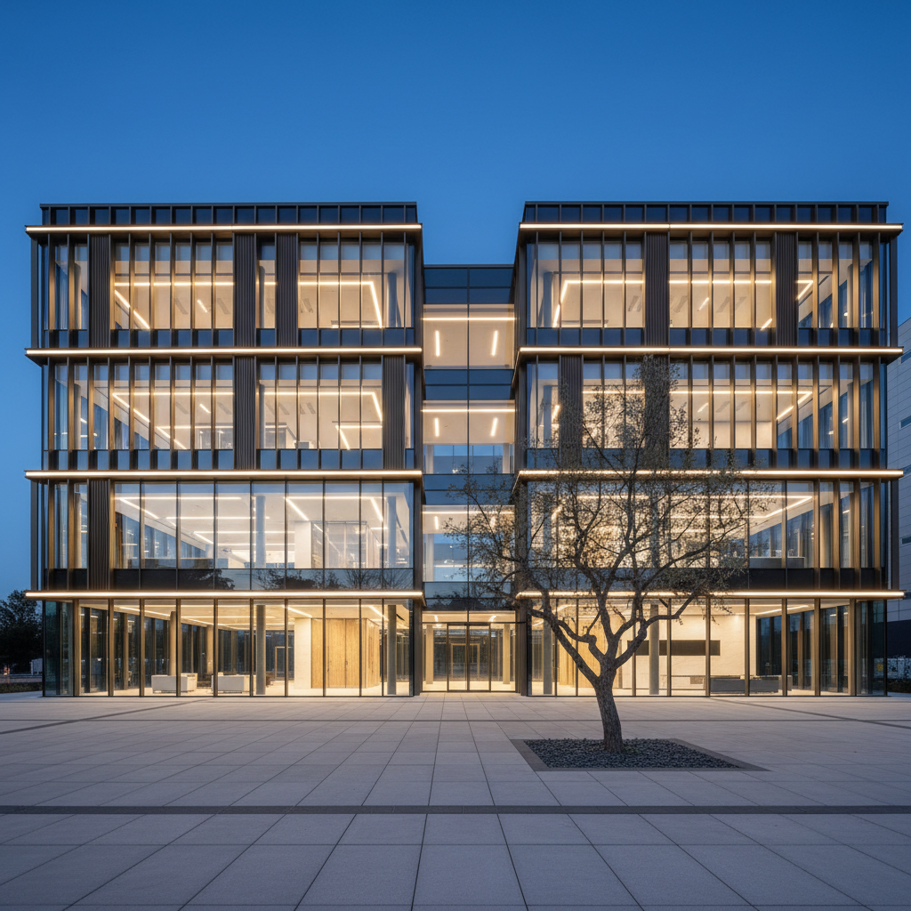 A dramatic exterior view of a contemporary commercial building at blue hour, characterized by crisp rectilinear forms, expansive low-iron glass panels, and finely detailed vertical metal fins in dark bronze. Warm interior lighting glows through the façade, revealing layered spaces within, while integrated linear LED strips accentuate the building’s edges. The structure sits on a precisely paved forecourt of large-format concrete slabs with a single sculptural tree planted in a square gravel bed. The sky is a deep indigo, reflecting subtly on the glass. Photographic realism with a cinematic, wide-angle composition from a low vantage point, emphasizing height and presence. The mood is confident, innovative, and aspirational, perfectly suited to a portfolio hero image for a high-end architecture practice.